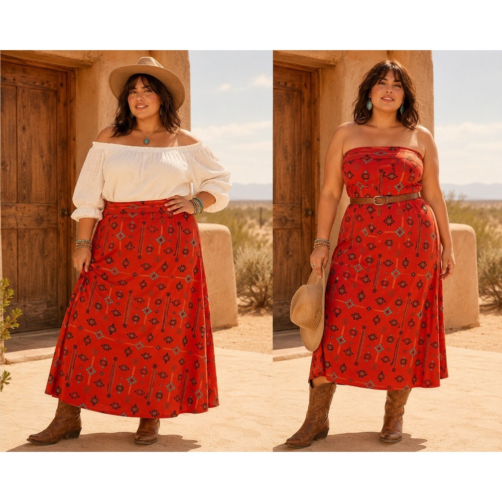 Boho Orange Black Southwestern Cowgirl Stretchy Silky 3XL Maxi Skirt Tube Dress